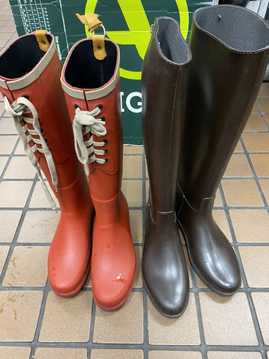  beautiful goods France made high class AIGLE.mete.-sMEDUSE simple long rain boots red group brown group size 38 lady's ribbon lovely boots 