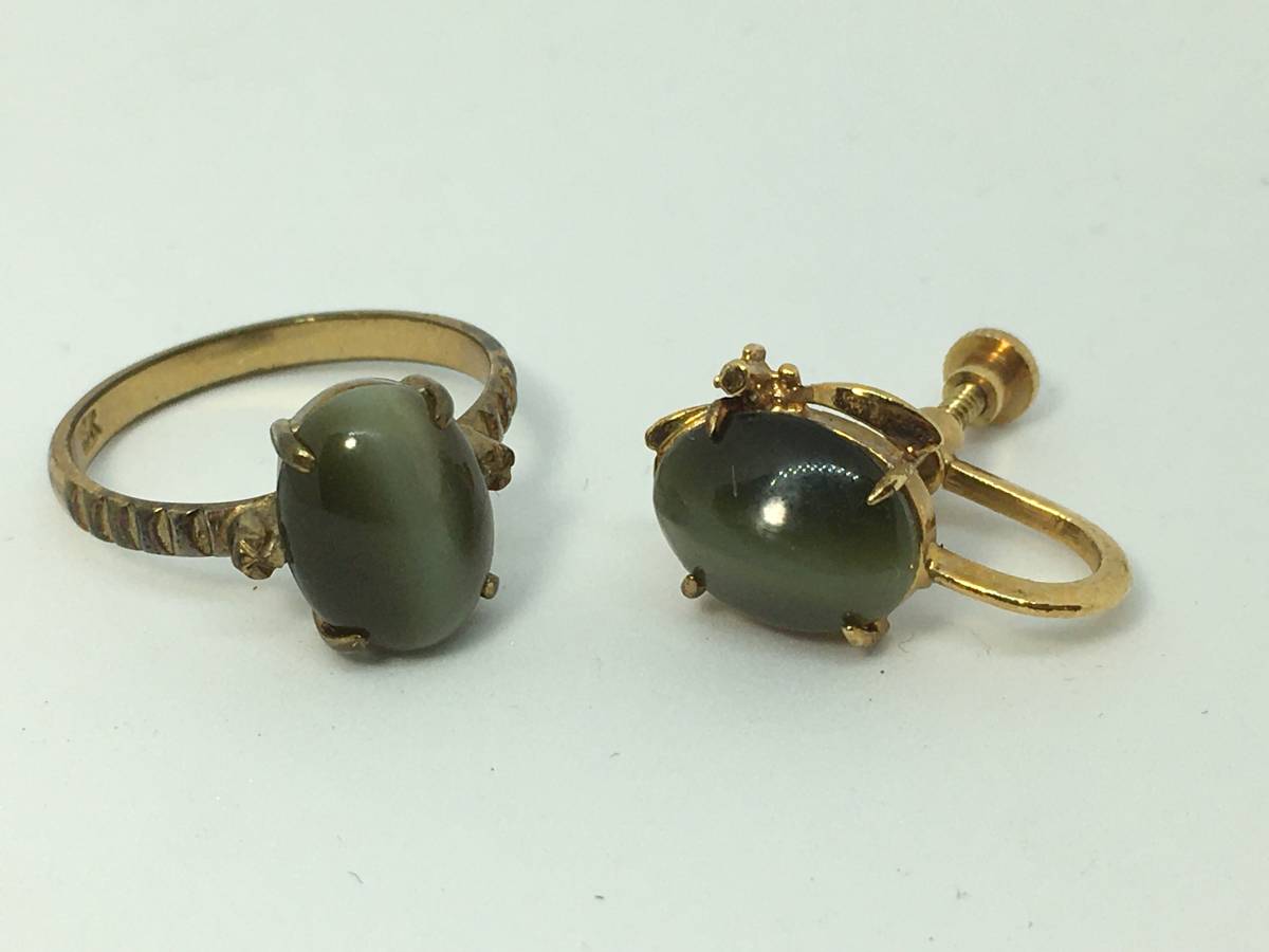 2点セット K18 18金 18K 指輪 イヤリング 装飾付き 天然石