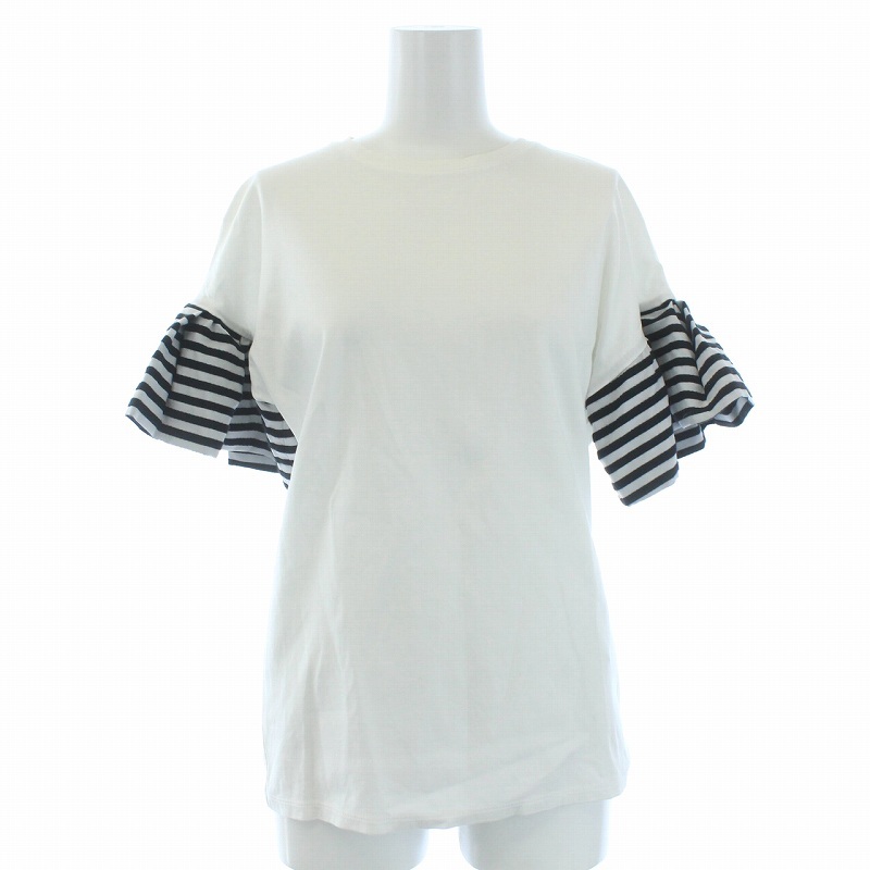 ボーダーズアットバルコニー 近年モデル RUFFLED TEE Tシャツ カットソー 半袖 切替 ボーダー 36 S 白 ホワイト 黒 ブラック レディース