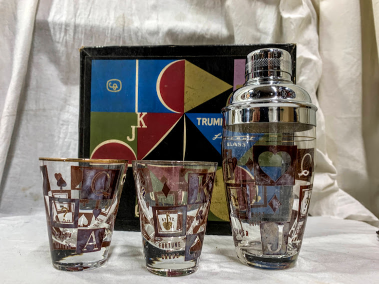 Vintage Retro в то время скрывает Kinya Poker Poker Shaker Shaker/Glass Set Collection Оригинальная коробка, используемая над -Кунтером, хранилище