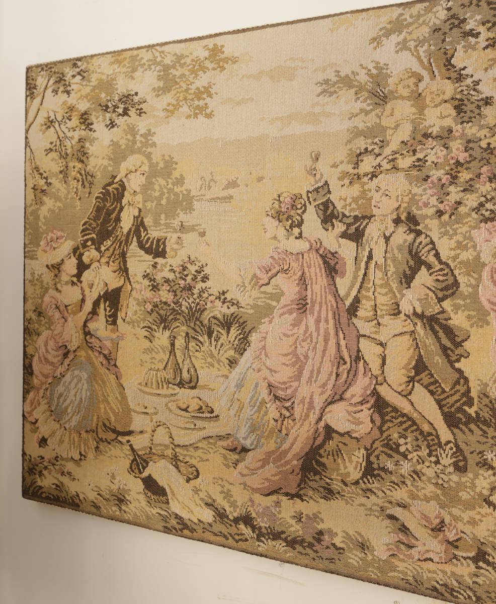 jf02809 仏国*フランスアンティーク*絵画 ウォールアート ゴブランアート ファブリック ゴブラン織り ニードルポイント 上流階級風景 大型_画像3