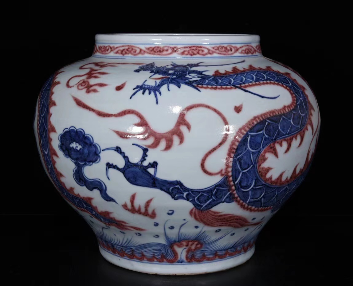 ◆旧蔵◆古美術 中国古玩 元代 青花釉里紅 龍紋大罐 時代物 AT08