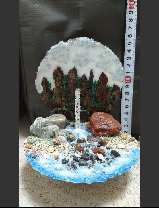 11  ホタテ　貝殻　箱庭　ジオラマ　滝　景色　風景　飾り　置物