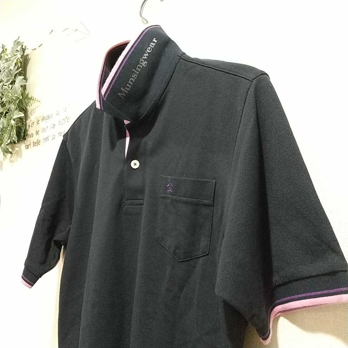 [ free shipping ]Munsingwear Munsingwear wear polo-shirt with short sleeves men's L / navy blue × pink /.. collar handsome! cotton .. sweat speed . golf wear 