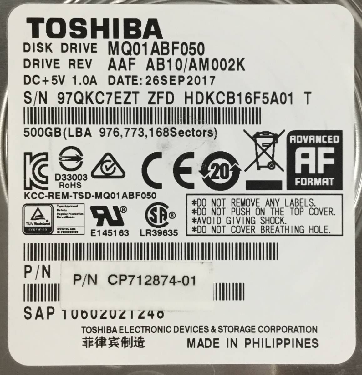 Z40728119 TOSHIBA 500GB SATA HDD 2.5インチ 厚み約7㎜ 2点【中古動作品】_見本