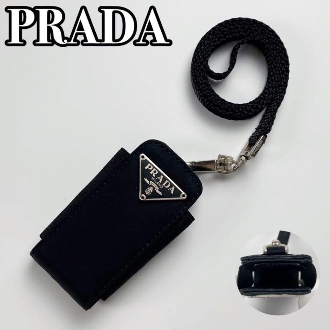 極美品■PRADA プラダ ネックストラップ スマホケース 小物入れ 三角ロゴプレート ナイロン シルバー金具 白タグ ユニセックス ブラック 黒_画像1