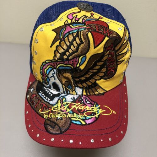 Ed Hardy Designed Hat Adjustable Back Mesh Trucker Cap Skull Wings NYC Blue Red 海外 即決