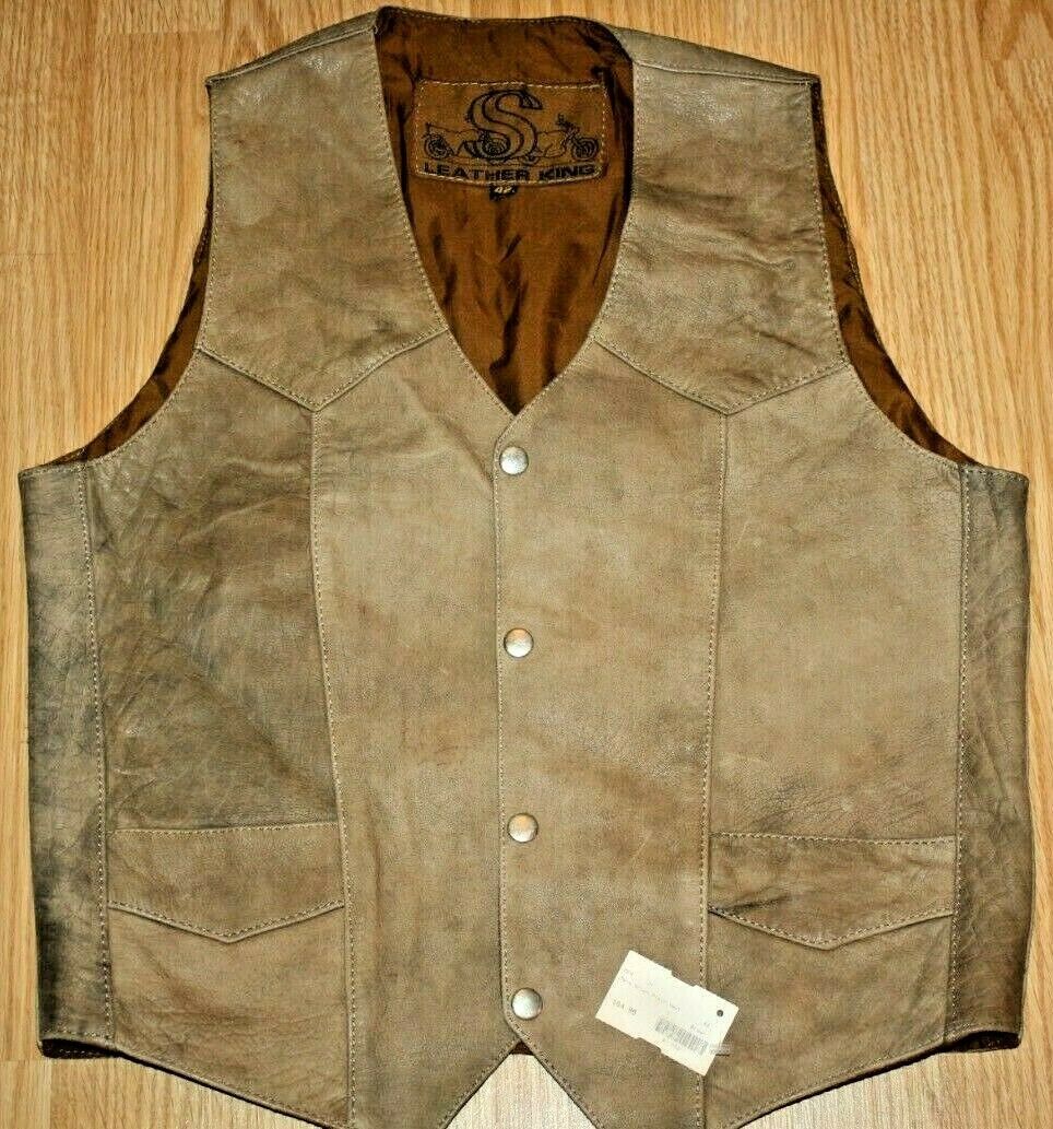 Vintage Leather King Biker Vest Buttoned Brown Leather Size 42 NEW 海外 即決