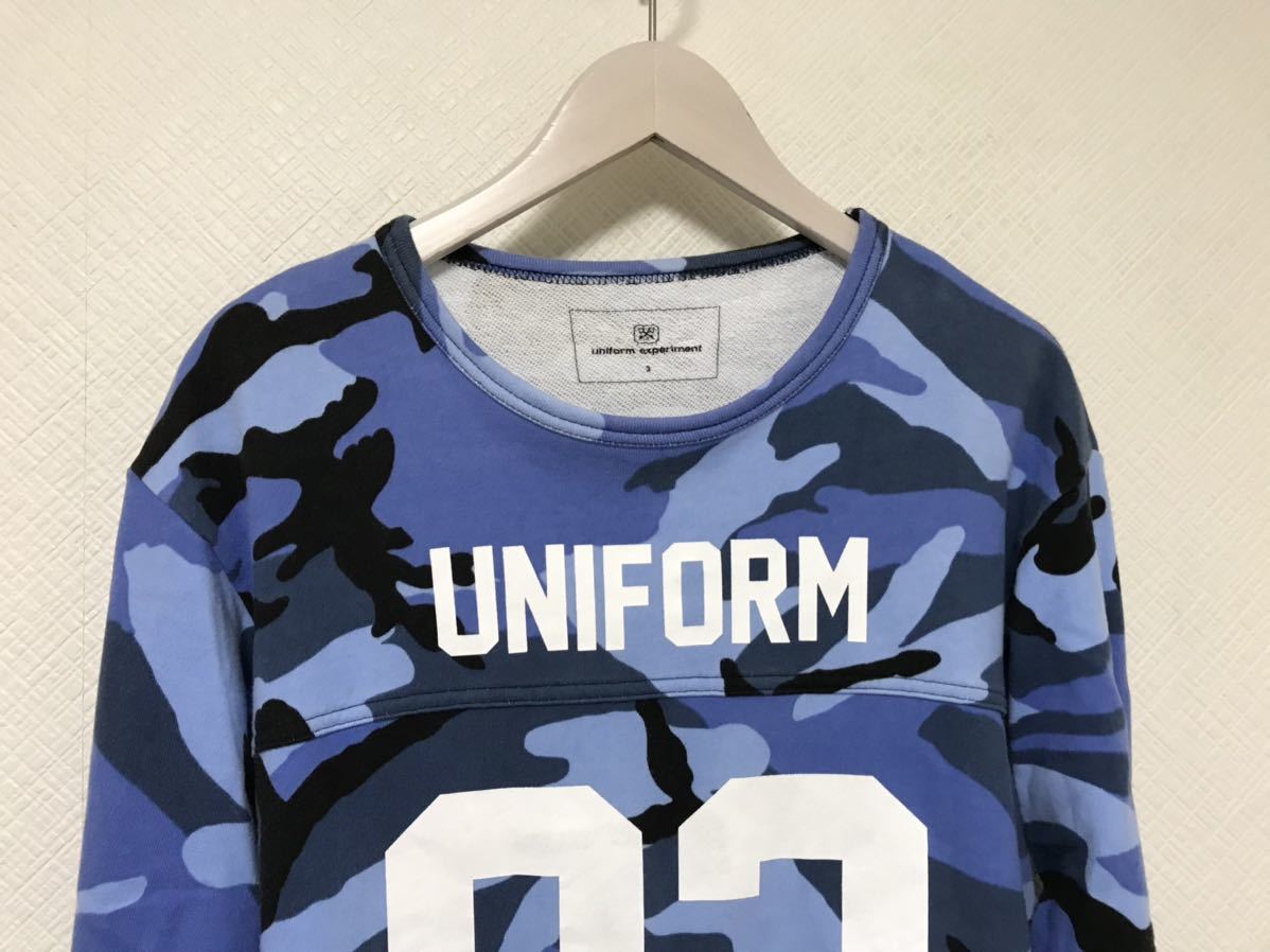 本物ユニフォームエクスペリメントUNIFORM EXPERIMENTソフコットンスウェット7部丈迷彩柄カモフラ長袖ロンTメンズLアメカジ3青ブルー日本製