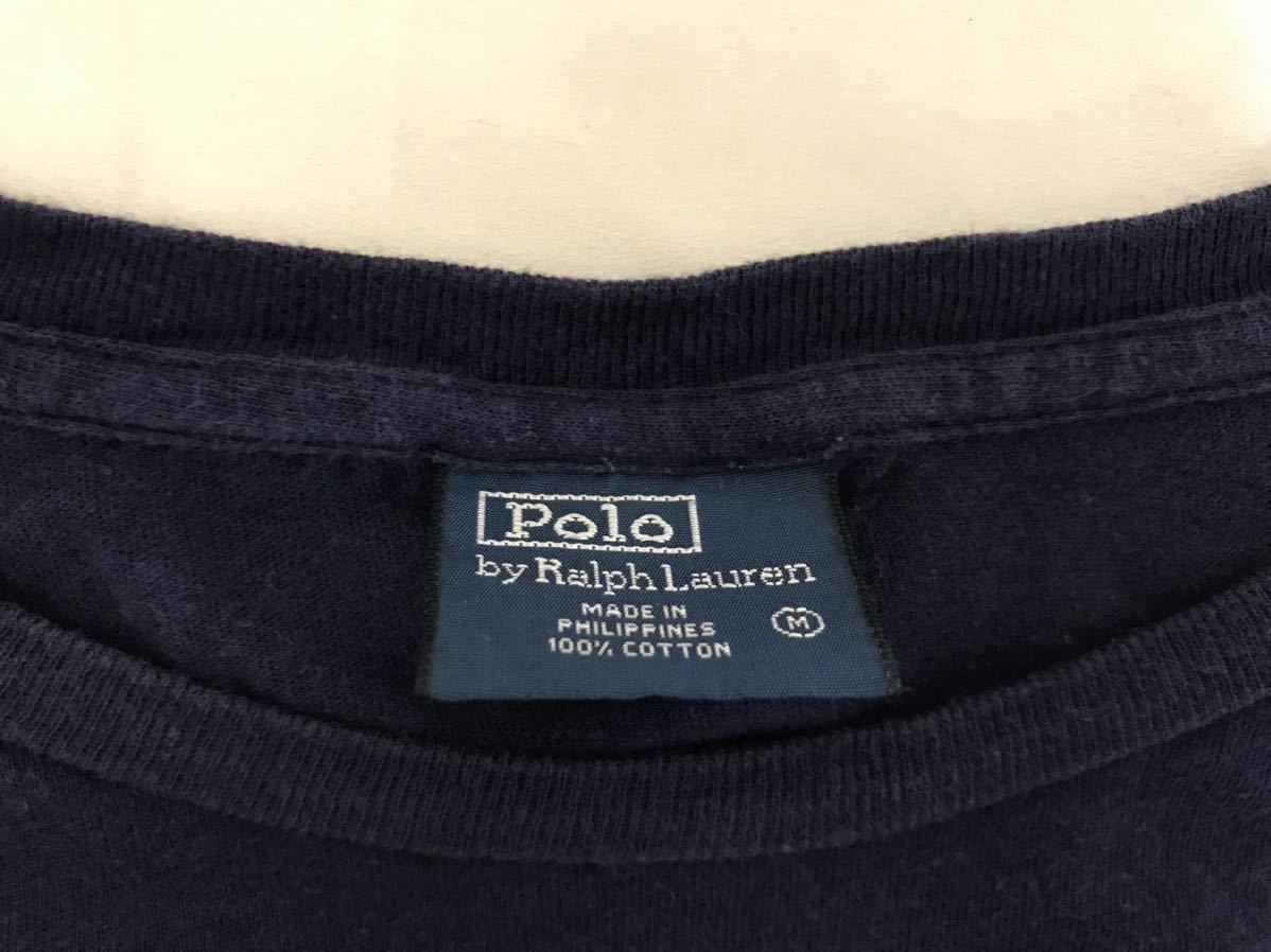 本物ポロラルフローレンPOLO Ralph Laurenコットンロゴプリント長袖TシャツロンTビジネスアメカジサーフミリタリーメンズM紺ネイビー