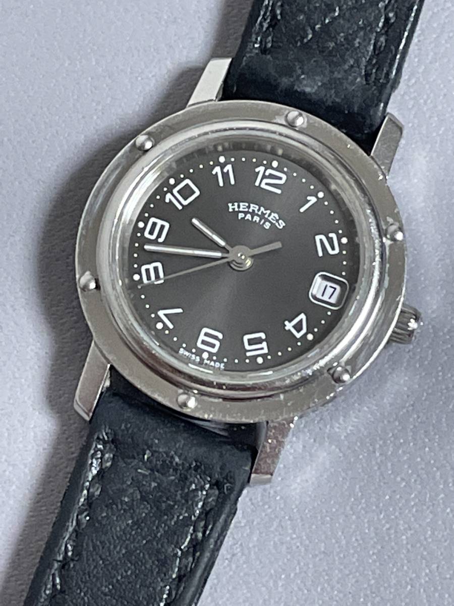 HERMES エルメス CL4.210 クリッパー 腕時計 レディース 黒文字盤 革ベルト