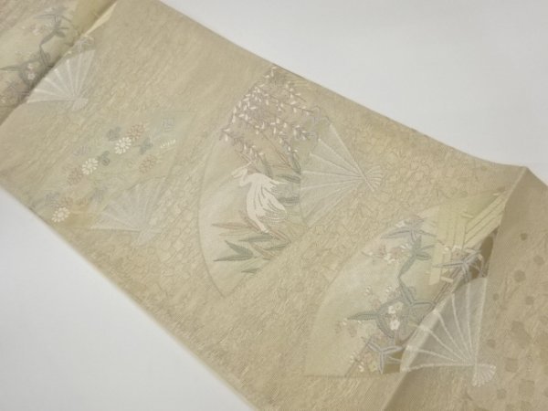 宗sou 未使用品 姫野織物製 紗 扇に花々・白鷺模様織出し袋帯(未仕立て)【リサイクル】【着】