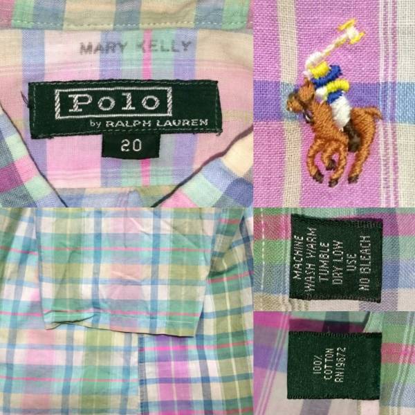 Polo RALPH LAUREN マドラスチェック ボタンダウン 半袖シャツ 20 ボーイズサイズ ポロラルフローレン 古着_画像3