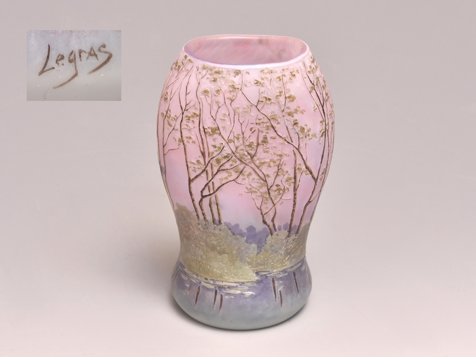 LEGRAS ルグラ 湖水 風景文 ガラス 花瓶 フラワーベース 西洋アンティーク　　y1564
