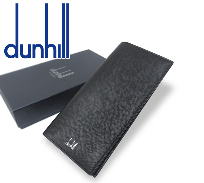 超美品 ほぼ未使用】 ダンヒル dunhill 二つ折り長財布 小銭入れ付き ロゴ カドガン レザー ブラック メンズ 紳士 大容量 箱付 シンプル 