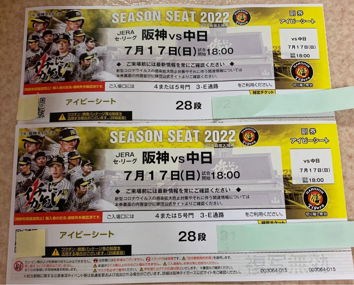 阪神 vs De NA 4月24日(土) 甲子園 アイビーシート チケット3枚-