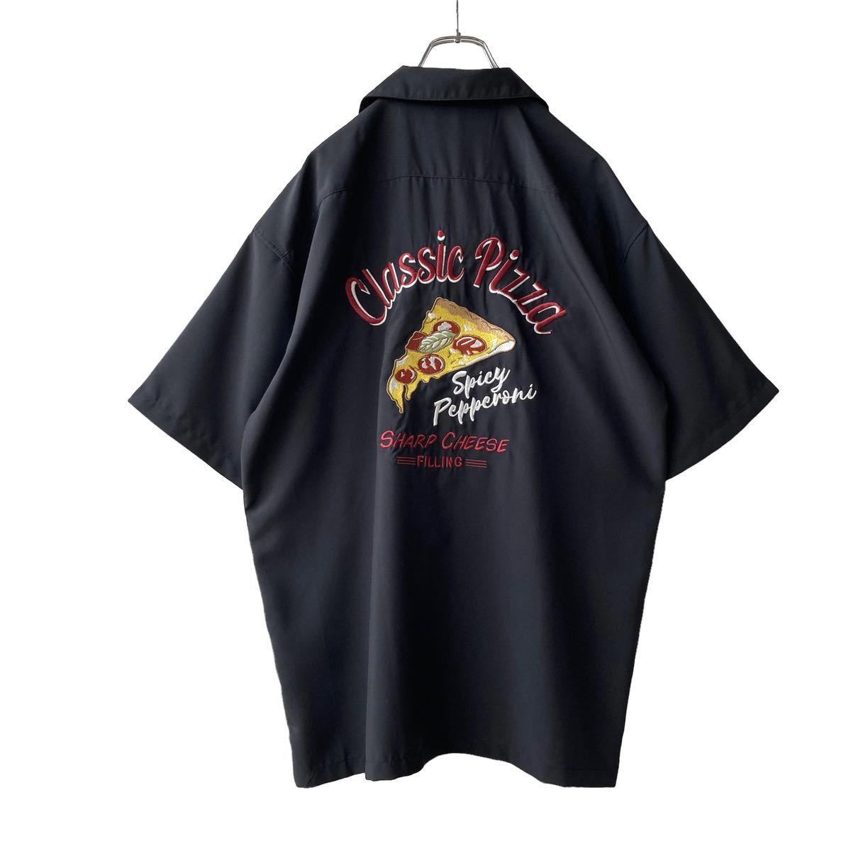 新品 レトロ【クラシックピザ】刺繍ボウリングシャツ XL ブラック ポリシャツ 半袖 オープンカラー ボーリングシャツ ビッグシルエット 12