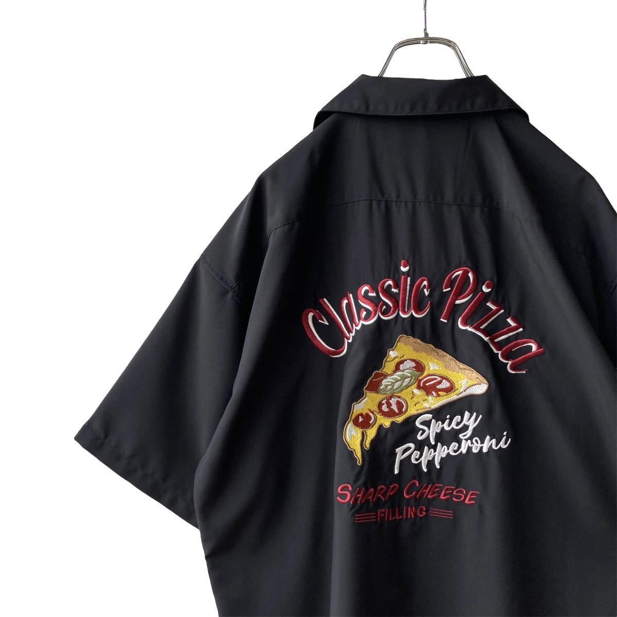 新品 レトロ【クラシックピザ】刺繍ボウリングシャツ XL ブラック ポリシャツ 半袖 オープンカラー ボーリングシャツ ビッグシルエット 1