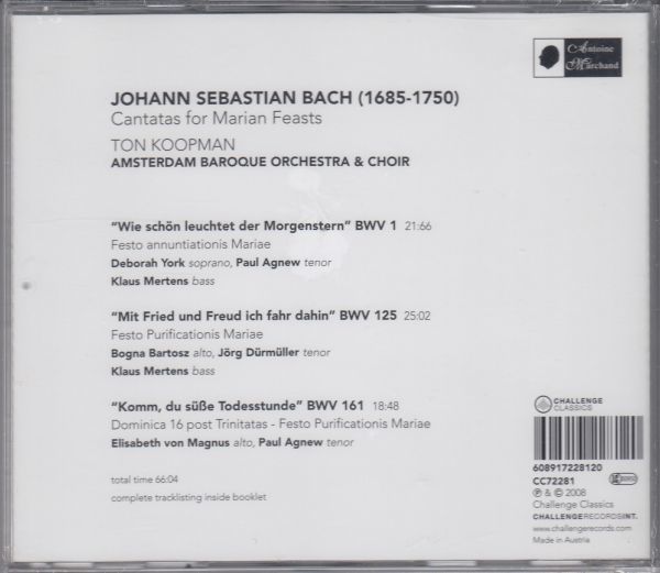 [CD/Challenge]バッハ:「暁の星はいと麗しきかな」BWV1他/D.ヨーク(s)&P.アグニュー(t)&K.(b)&T.コープマン&ムステルダム・バロック管_画像2