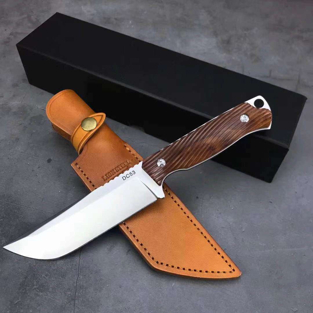 シースナイフ フルタング構造 天然ウッドハンドル 全長25.6CM 本革ケース付き 薪割り 釣り 登山 キャンピング サバイバル - キャンプ、アウトドア用品