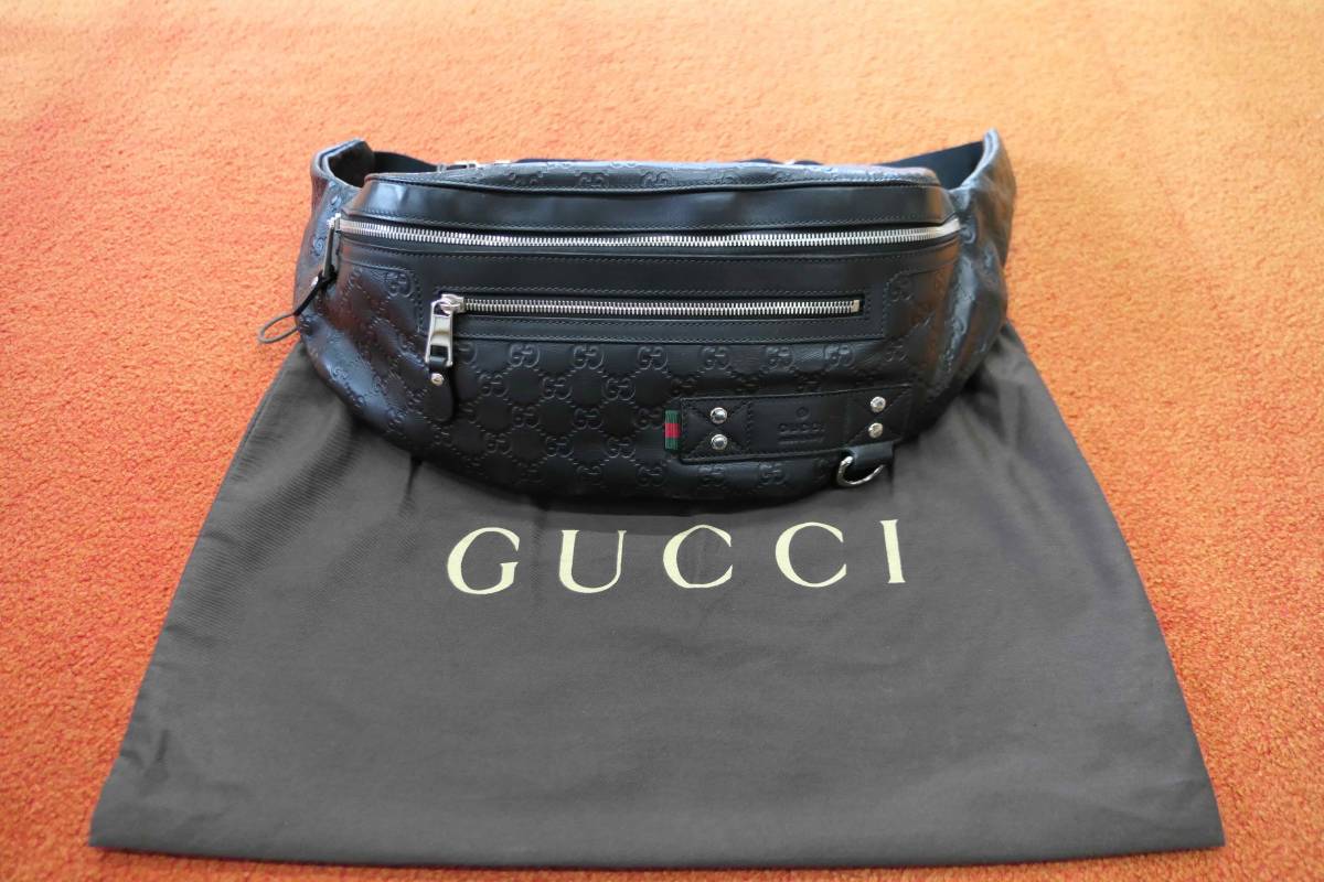 美品 GUCCI GGシマレザー シグネチャーウェブループ ベルトバッグ