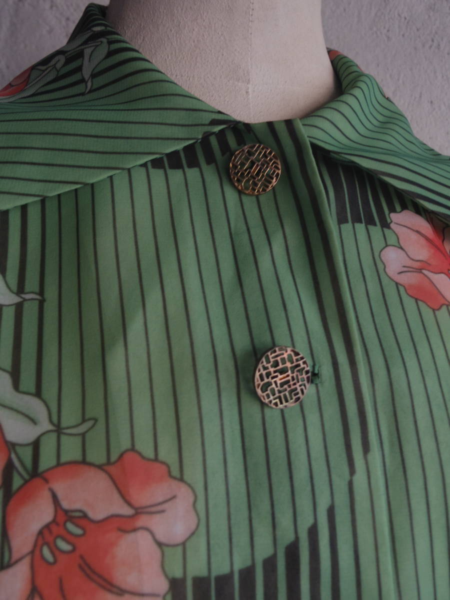古着♪レトロVintage緑花柄シフォン夏ワンピ♪昭和レトロワンピース