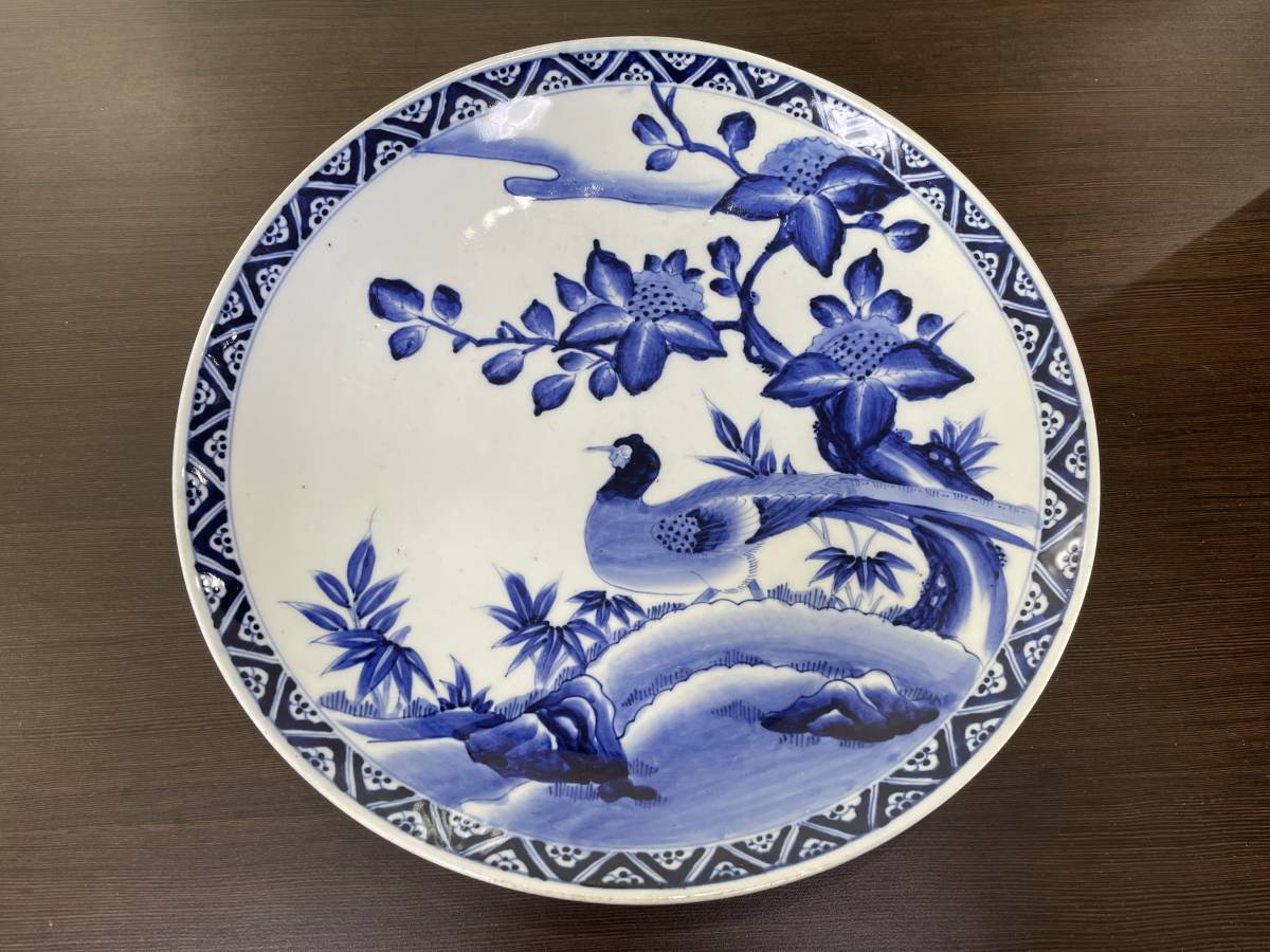☆【骨董品・呉須絵皿】古伊万里 染付 大皿 花鳥図(雉/きじ) 寸法( ☆【骨董品・呉須絵皿】古伊万里 染付 大皿 花鳥図(雉/きじ) 寸法(