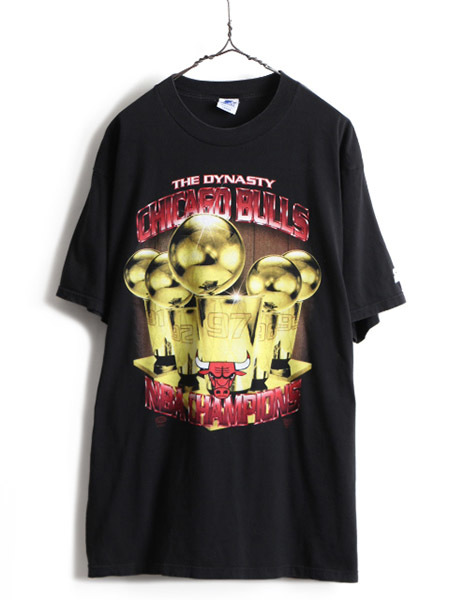 90s USA製 人気 黒 ■ STARTER NBA オフィシャル シカゴ ブルズ プリント 半袖 Tシャツ ( メンズ L ) 古着 90年代 オールド キャラ バスケ_画像1