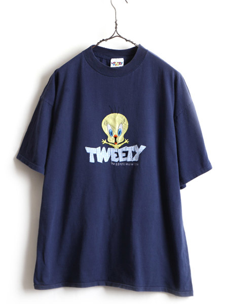 90s 大きいサイズ XL 程■ ワーナー オフィシャル ルーニー テューンズ 刺繍 半袖 Tシャツ ( メンズ レディース ) 90年代 トゥイーティー