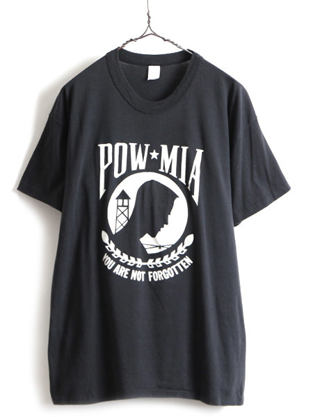 80s USA製 大きいサイズ XL ■ POW MIA プリント 半袖 Tシャツ 黒 ( メンズ ) 古着 80年代 ビンテージ プリントTシャツ シングルステッチ