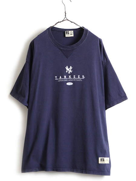 USA製 大きいサイズ XL ■ MLB オフィシャル ニューヨーク ヤンキース ロゴ刺繍 前V 半袖 Tシャツ ( メンズ )古着 ラッセル ヘビーウェイト
