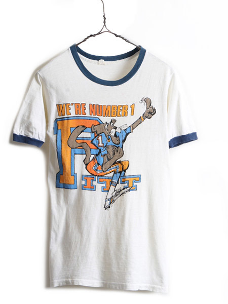 70s ビンテージ ■ カレッジ キャラクター プリント 半袖 リンガー Tシャツ ( メンズ レディース S 程) 古着 70年代 マスコット プリントT