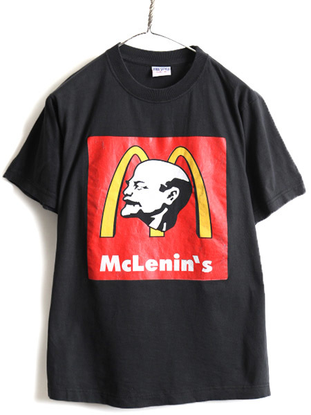 送料無料/新品】 レーニン 90年代 古着 M メンズ Tシャツ 半袖 プリント 両面 パロディ McLenin's  90s オールド 黒  偉人 企業 マクドナルド McDonald イラスト、キャラクター