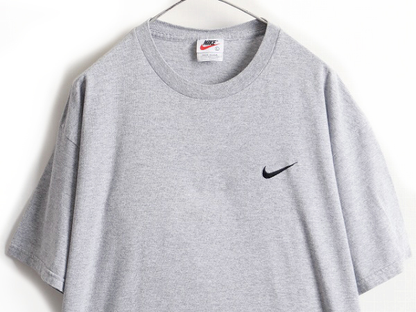 90s USA製 ■ NIKE ナイキ スウォッシュ ロゴ刺繍 半袖 Tシャツ ( メンズ L ) 古着 90年代 オールド ワンポイント ロゴT クルーネック 無地_画像2