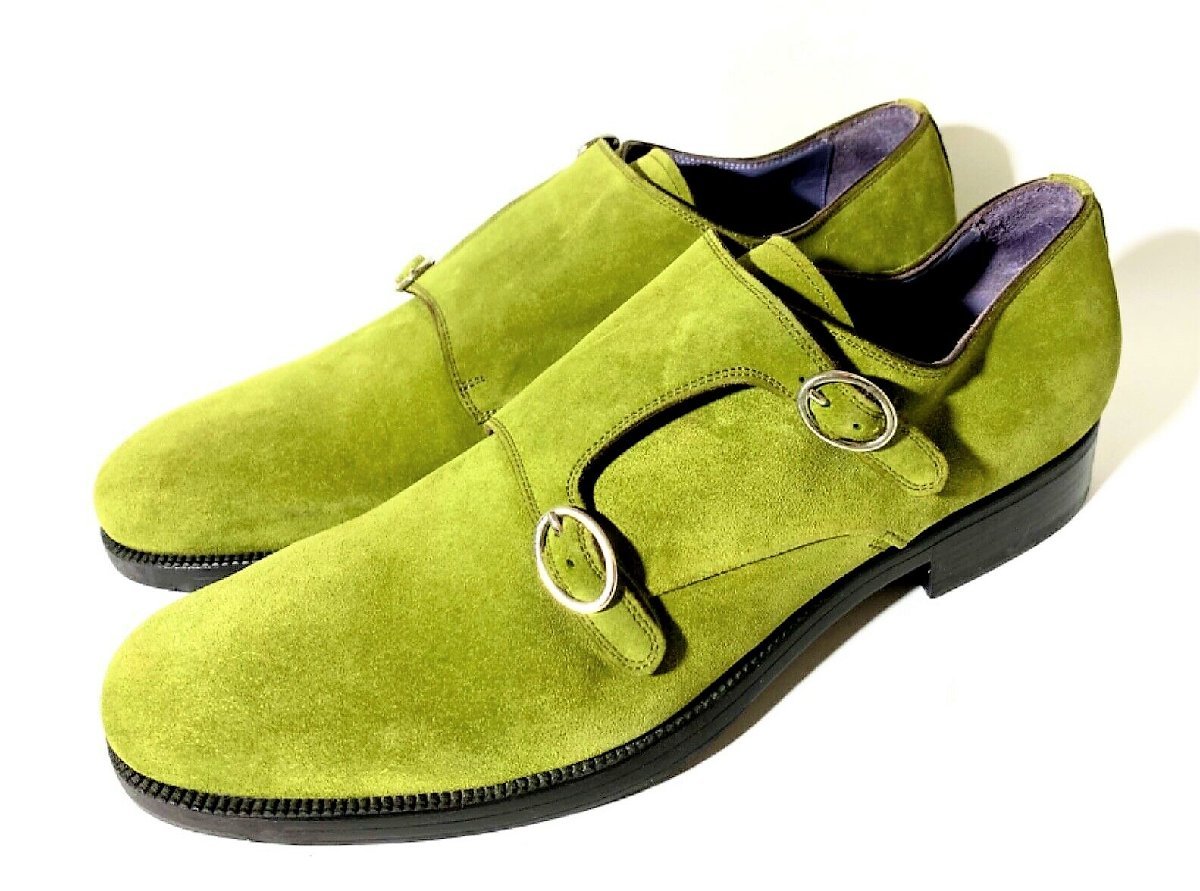 ★超レア・着用数回の極上品★ サントーニ SANTONI 極上スエードダブルモンク ライトグリーン サイズ7.5_画像6