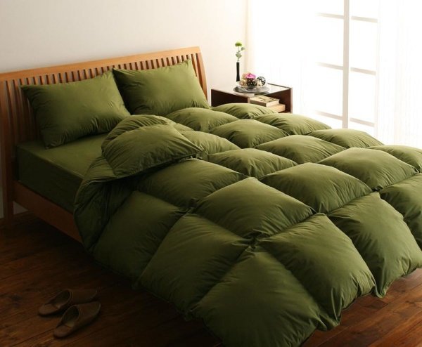 羽根布団セット ベッド用１０点 ダブルサイズ 色-オリーブグリーン