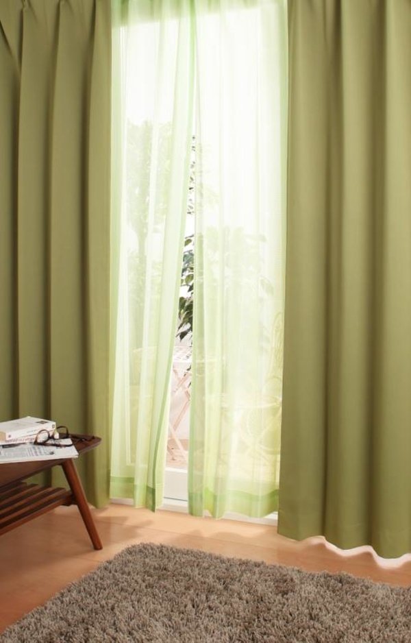 ミラー レースカーテン (幅100cm×高さ228cm)の２枚セット 色-グリーン /国産 日本製 防炎 洗える