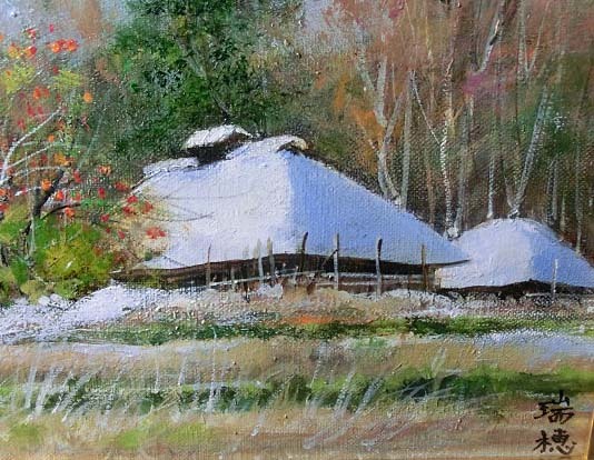 480558 油彩 川幡瑞穂 作「初雪晩秋」(F3)画家・額装・風景画・古