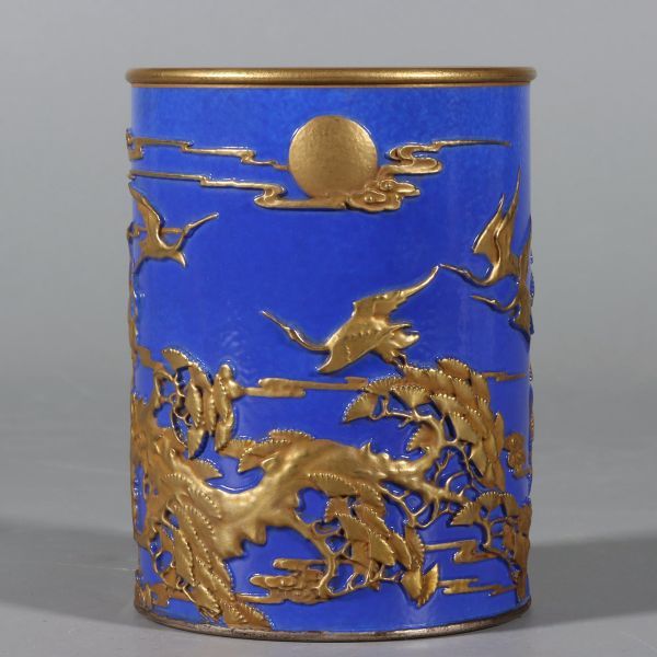 清代雍正年製陶磁器粉彩藍地堆金花鳥紋筆筒【仁】染付置物擺件古賞物古