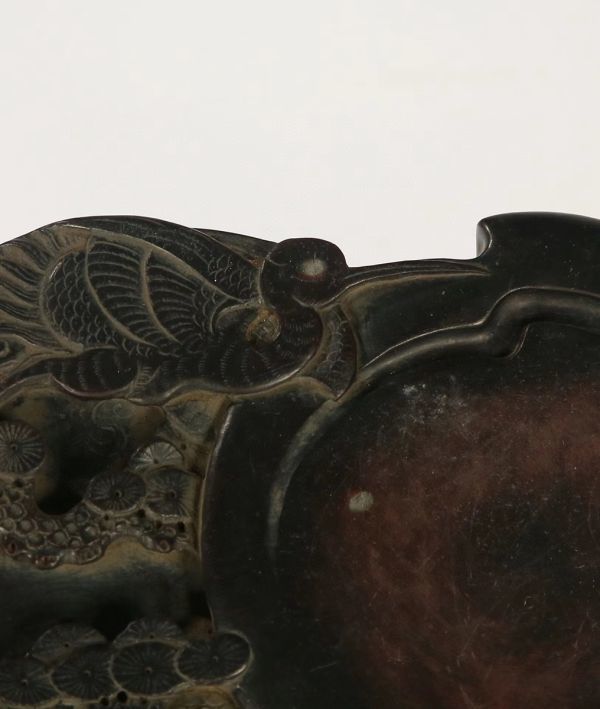 清代 紫端石彫 松鶴延年文房端渓硯 文房具 馬世俊銘手彫り 中国古硯 書