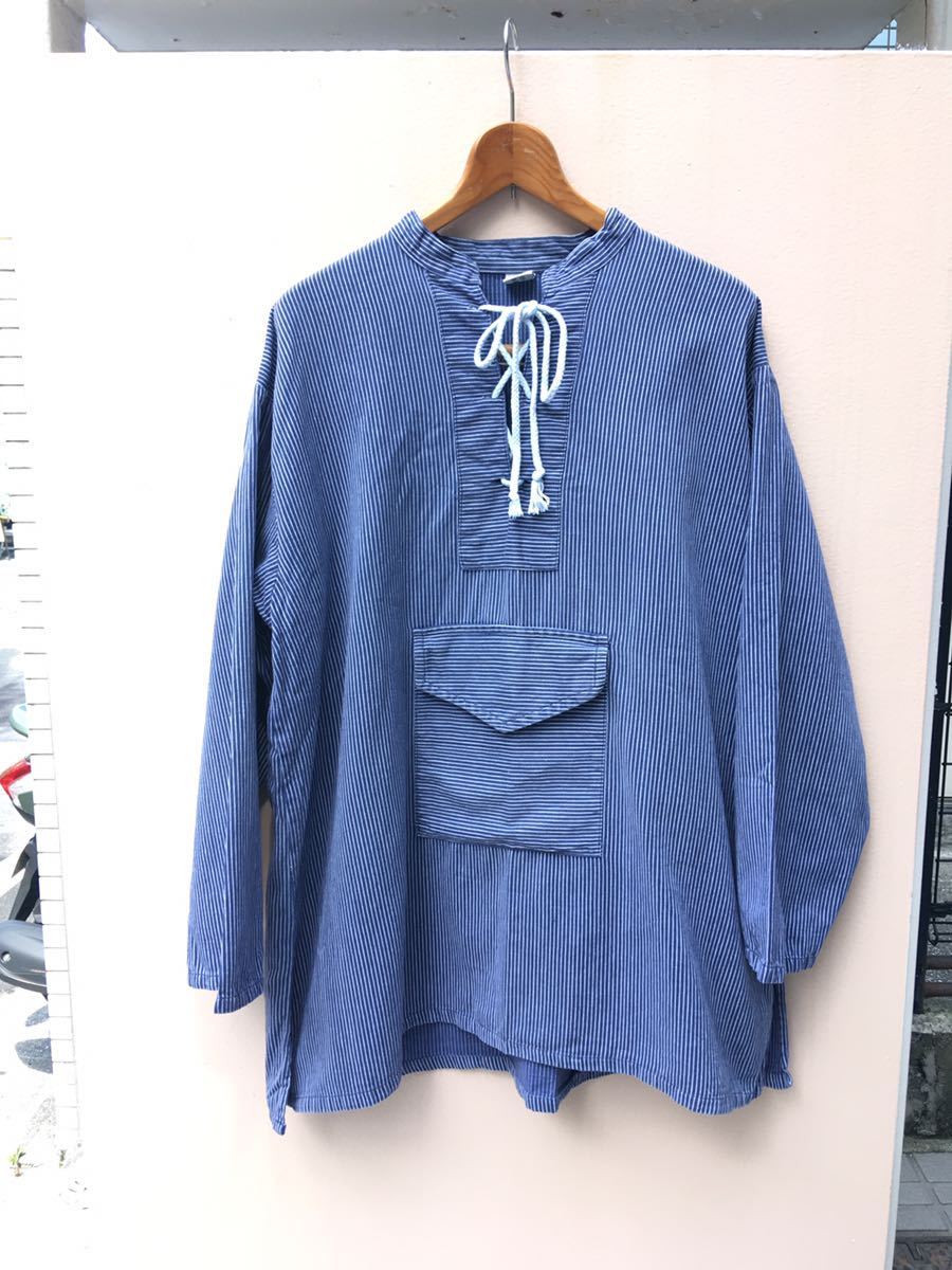 ヨーロッパ古着 vintage smock shirt ストライプ スモック シャツ コットン プルオーバーシャツ トップス 長袖 半袖 MV929_画像1
