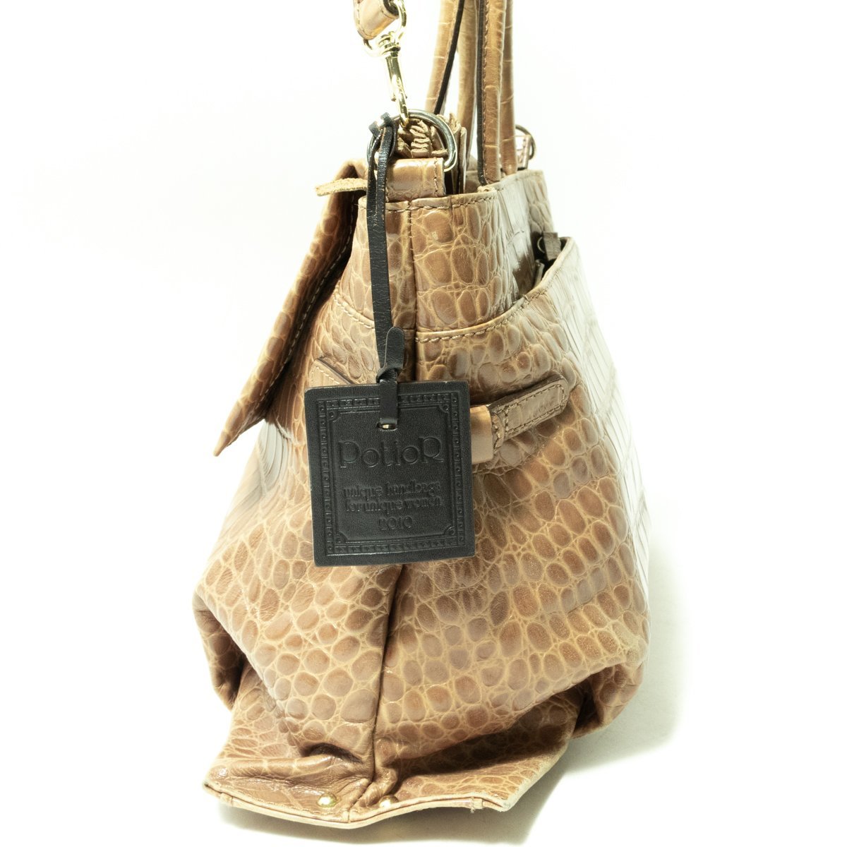 PotioR ポティオール クロコダイル型押しバッグ ハンドバッグ ショルダーバッグ 2way カーキベージュ系 牛革 レザー ゴールド金具 鞄 bag