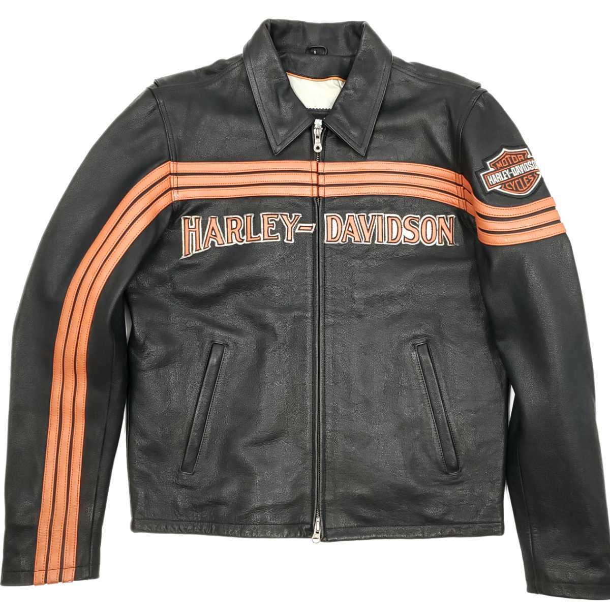 日本サイズL位◆HARLEY-DAVIDSON◆レザーライダースジャケットメンズS黒オレンジライン本革ハーレーダビッドソン本皮シングル革ジャン 328