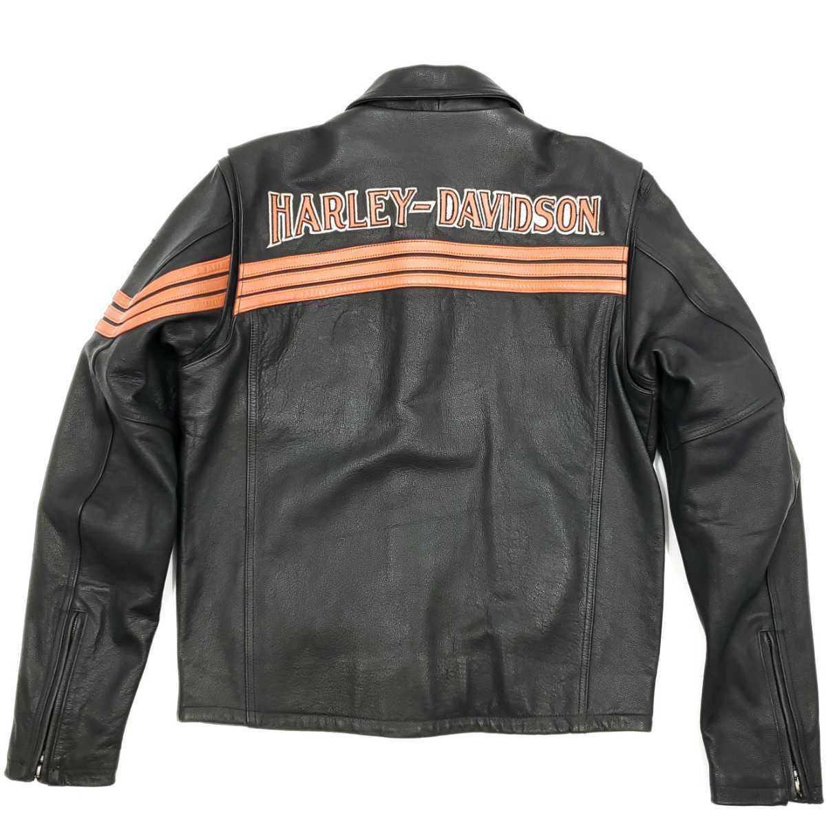 日本サイズL位◆HARLEY-DAVIDSON◆レザーライダースジャケットメンズS黒オレンジライン本革ハーレーダビッドソン本皮シングル革ジャン 328