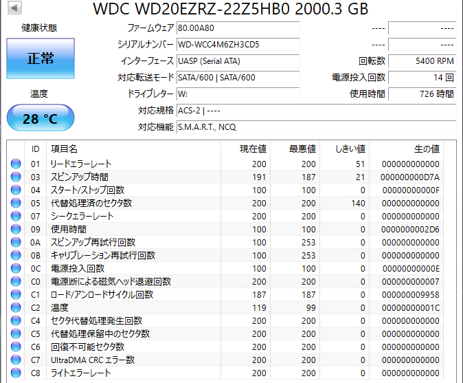 【送料無料】セット ★２ＴＢ×２★　WD20EZRZ 【時間：726ｈ＆529ｈ】 Western Digital Blue　3.5インチ 内蔵 HDD　SATA600/5400rpm 良品_画像2