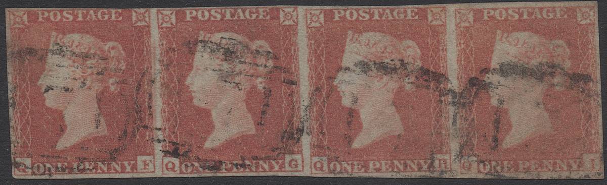 クラッシックイギリス切手・ヴィクトリア女王1841年ペニーレッド4枚列「スコット＃３, QF-QI」使用済み