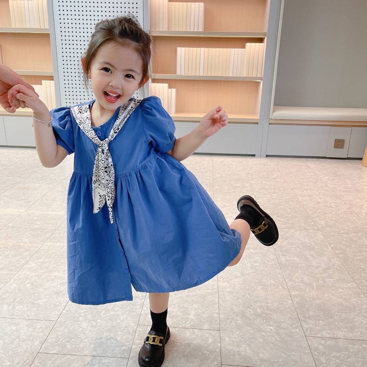 Paypayフリマ ワンピース 女の子 韓国服 キッズ服 子供服 夏服 スカーフ ブルー