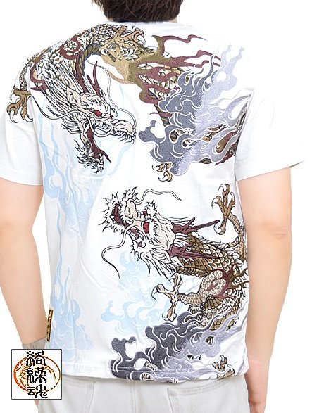 2022年ファッション福袋 和風 和柄 222051 ホワイトLサイズ 睨み龍神半袖Tシャツ◆絡繰魂 粋 からくり 竜 刺繍 柄もの 2022年ファッション福袋 和風 和柄 222051 ホワイトLサイズ 睨み龍神半袖Tシャツ◆絡繰魂 粋 からくり 竜 刺繍 柄もの