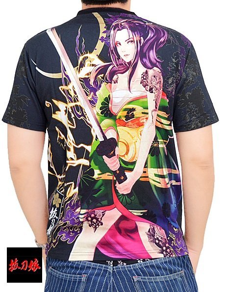 抜刀娘 電光石火剣舞半袖Tシャツ◆抜刀娘 ブラックXLサイズ 222892 和柄 和風 花魁 着物