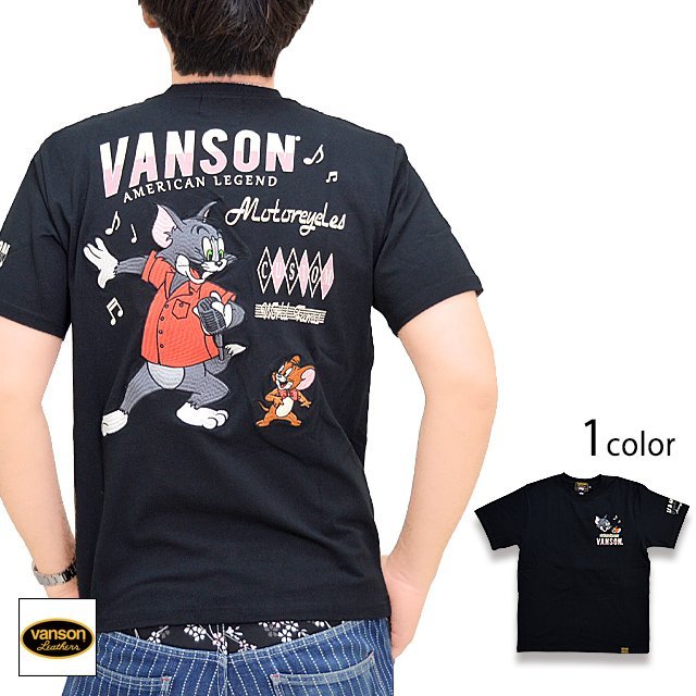 vanson×TOM＆JERRYコラボ ベア天竺半袖Tシャツ◆vanson ブラックXXLサイズ TJV-2228 バンソン ヴァンソン トムとジェリー 刺繍